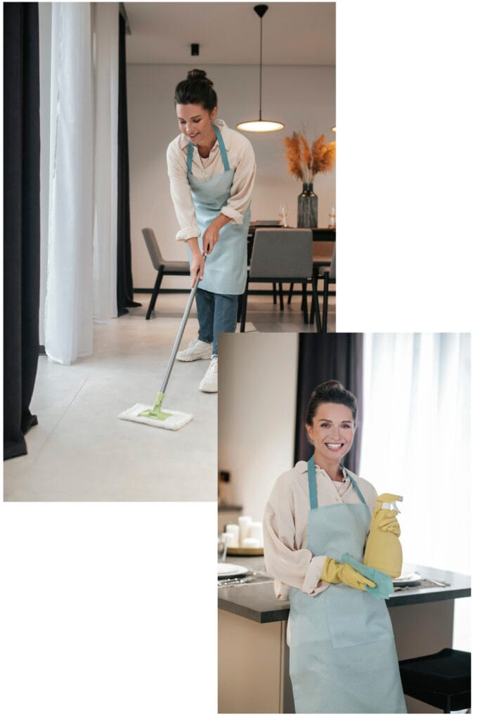 Cleaner mopping floor and another picture holding cleaning supplies